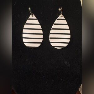 Leather Black and White Striped Teardrop Earrings